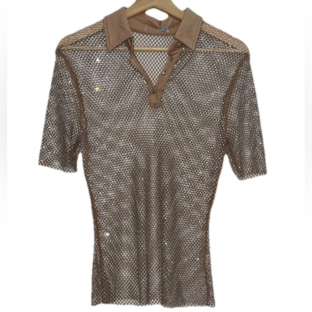 Tan Mesh Rhinestone Collared Shirt Sz. M